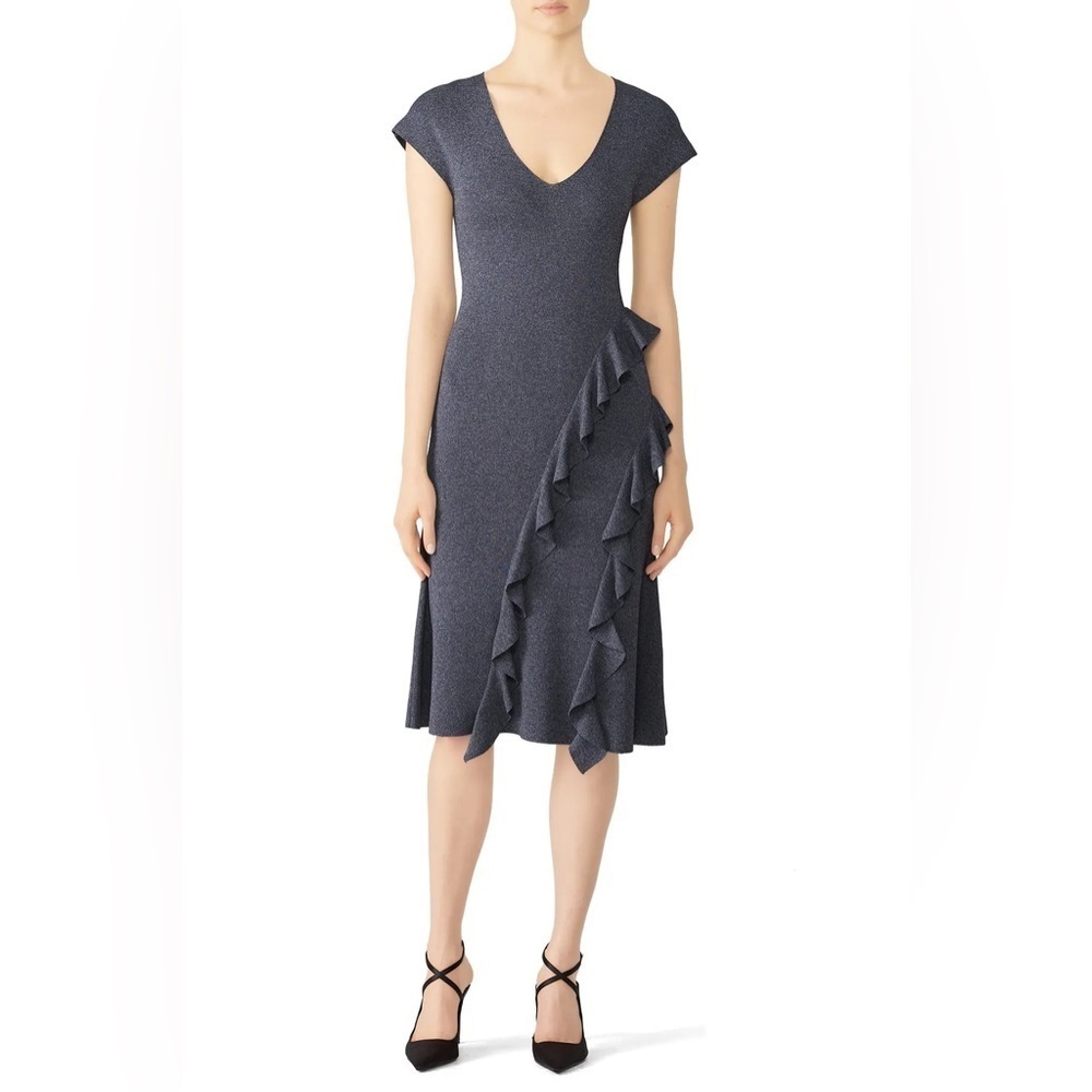 Sachin + Babi Rayon Heather Grey Knit Cascading Ruffles Feminine Dress Sz L